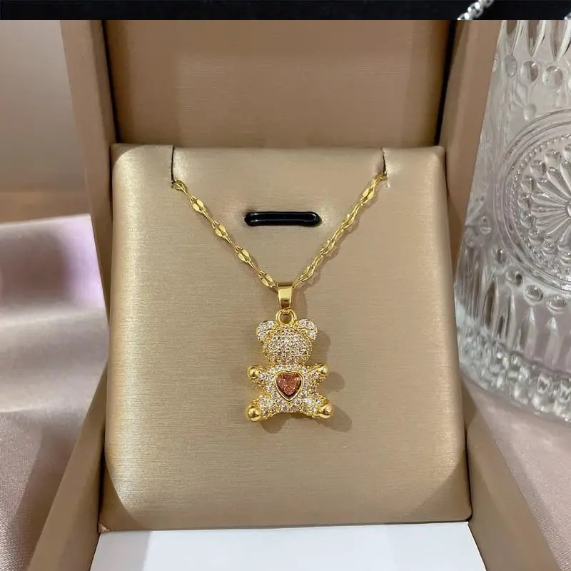 Bear Platinum Plated Rhinestone Pendant Necklace - Image 2