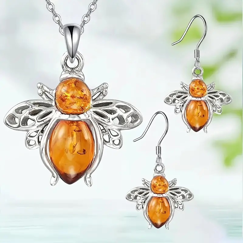 Silver bee synthetic orange gem earrings - Image 2