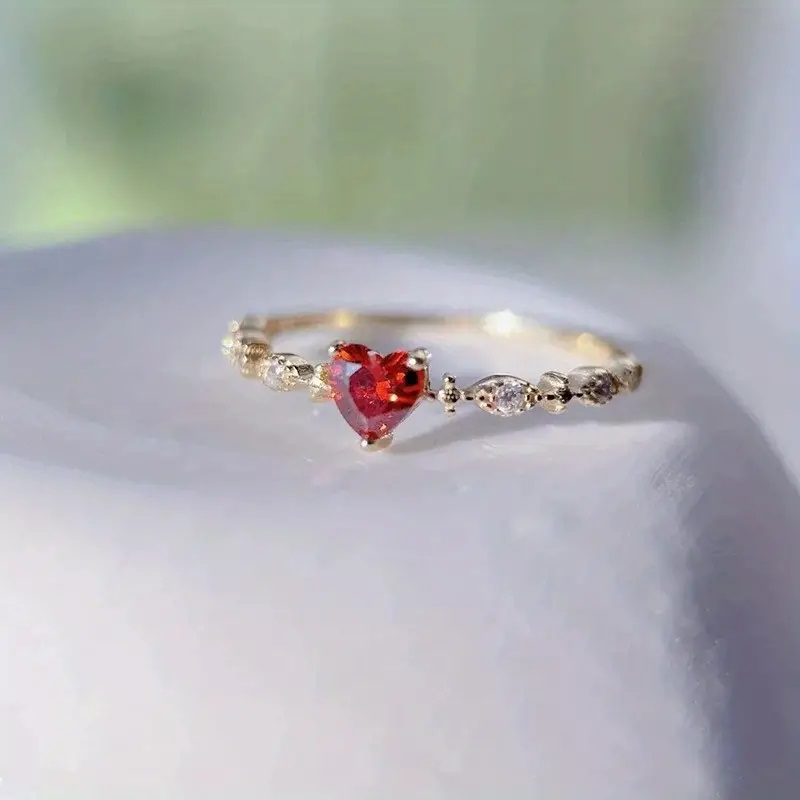 925 14K Gold Plated Stunning Heart-Shaped Red Cubic Zirconia Ring - Image 8