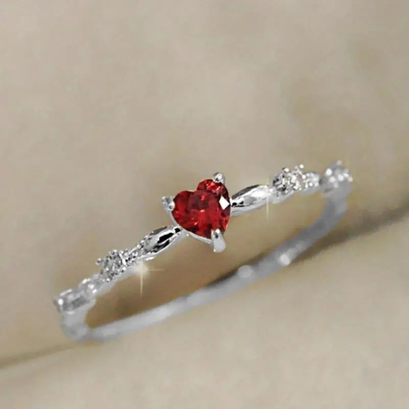 Heart-Shaped Red Cubic Zirconia Ring