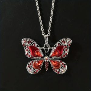 Red Multicoloured Rhinestone Butterfly Pendant Necklace Silver Plated