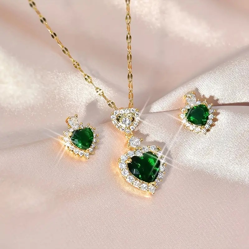 Romantic Heart Shaped Pendant Necklace & Earring Set Emerald Green - Image 6