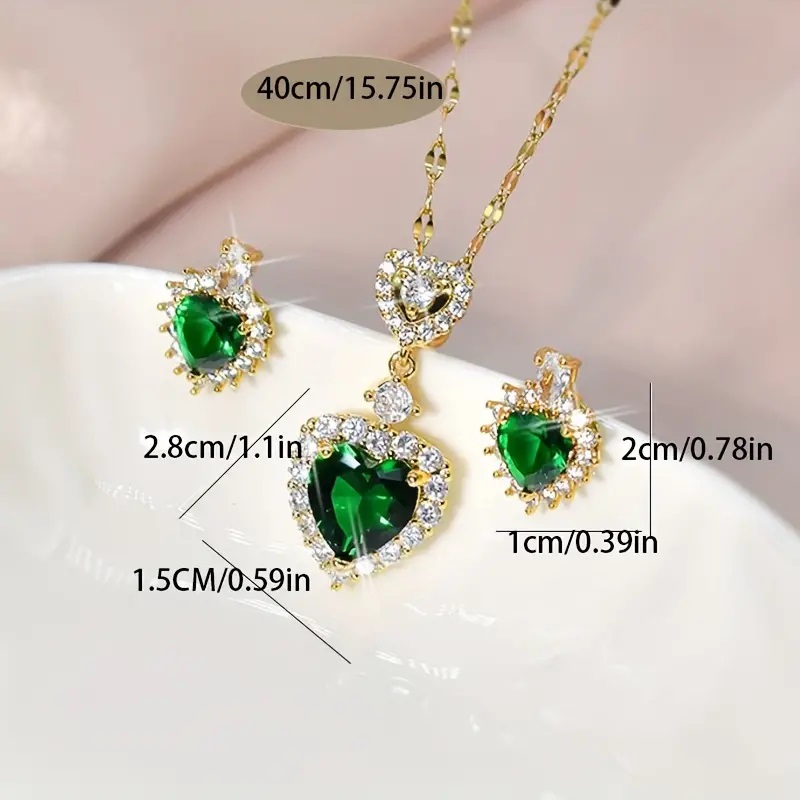 Romantic Heart Shaped Pendant Necklace & Earring Set Emerald Green - Image 3