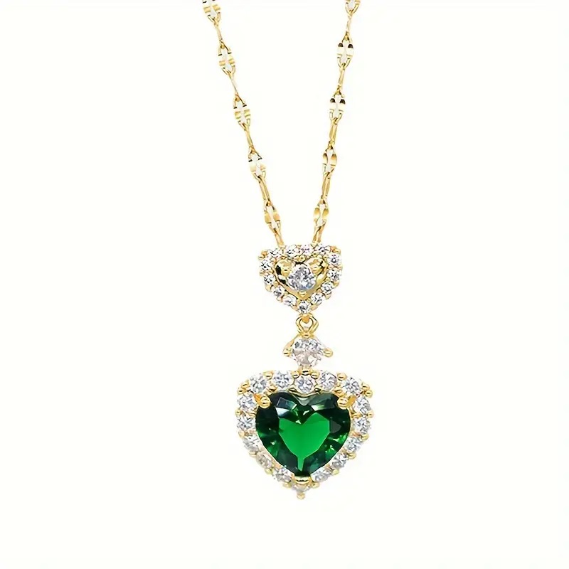 Romantic Heart Shaped Pendant Necklace & Earring Set Emerald Green - Image 2