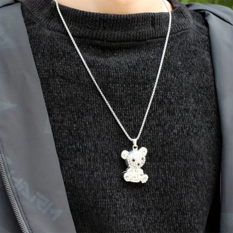 Rhinestone Teddy Bear Pendant Necklace-Sweater Chain For Men And Women - Image 4