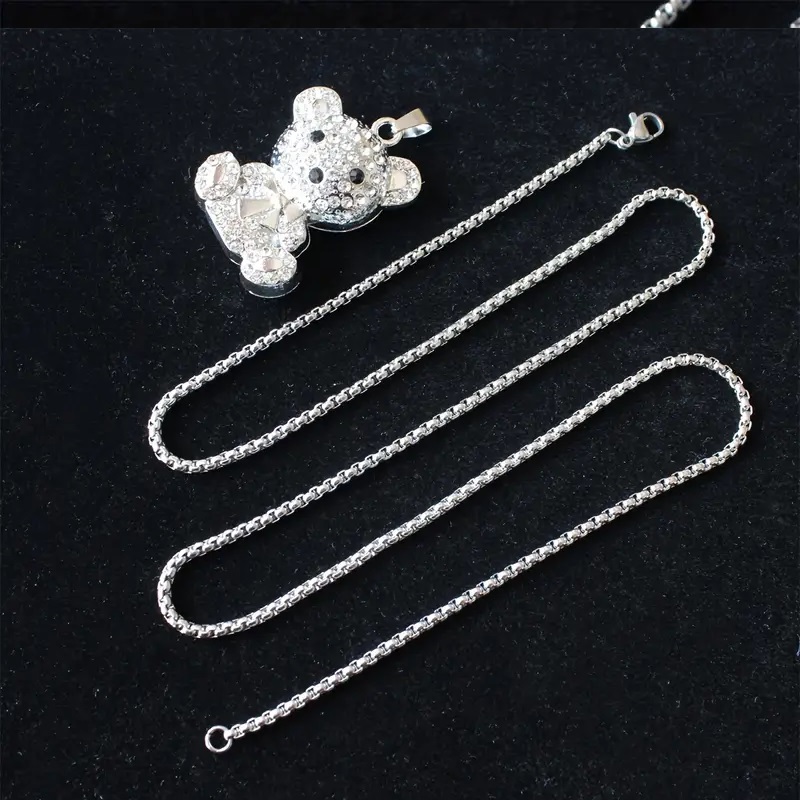 Rhinestone Teddy Bear Pendant Necklace-Sweater Chain For Men And Women - Image 2