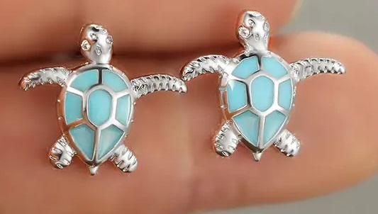 Sea Turtle Earrings with White Blue Opal Stone - Image 2