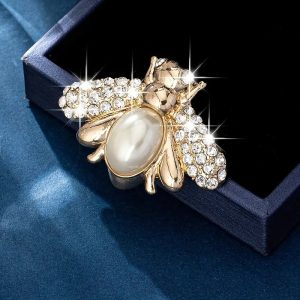Vintage Luxury Full Rhinestone & Faux Pearl Bee Shape Brooch