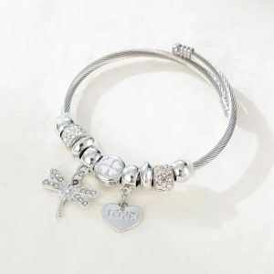 Silver Cuff Heart & Butterfly Bangle Charm Bracelet