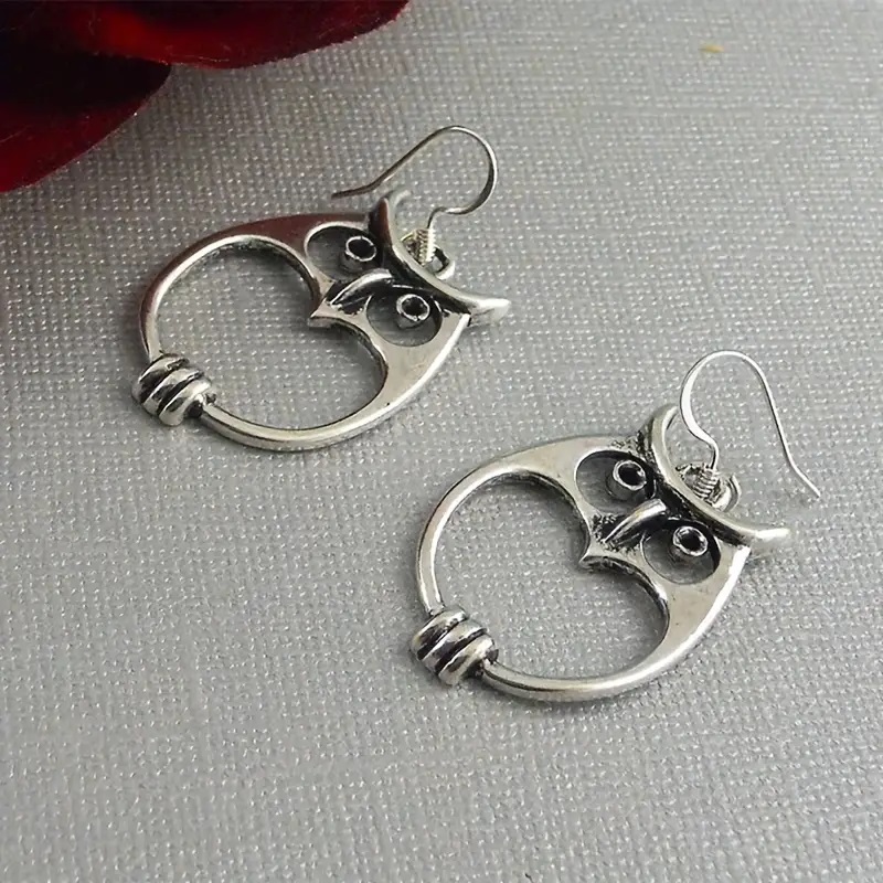 Boho Owl Dangle Earrings Antique Silver