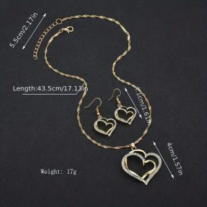 Vintage Style Double Hollow Love Heart Jewellery Set with Shiny Zircon Inlay - Necklace, Earrings - Silver