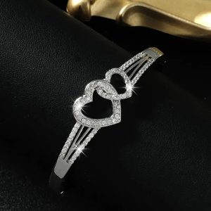 Romantic Double hollow heart cuff bangle bracelet
