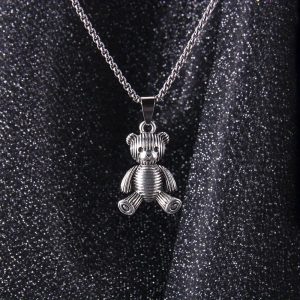 Vintage Silvery Bear Pendant Necklace