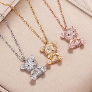 Bear Platinum Plated Rhinestone Pendant Necklace