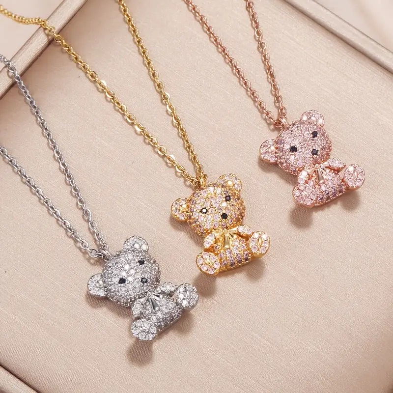 Bear Platinum Plated Rhinestone Pendant Necklace
