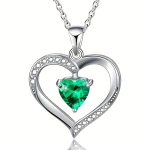 Silver Plated Emerald Birthstone Heart Pendant Necklace