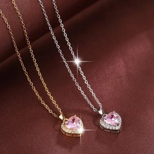 Pink Love Heart Zircon Pendant Necklace Adjustable Copper Neck Chain