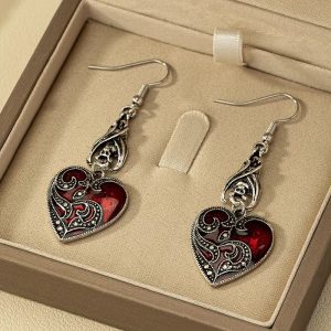 Red Heart Design Dangle Earrings Retro Gothic Style Zinc Alloy Jewellery