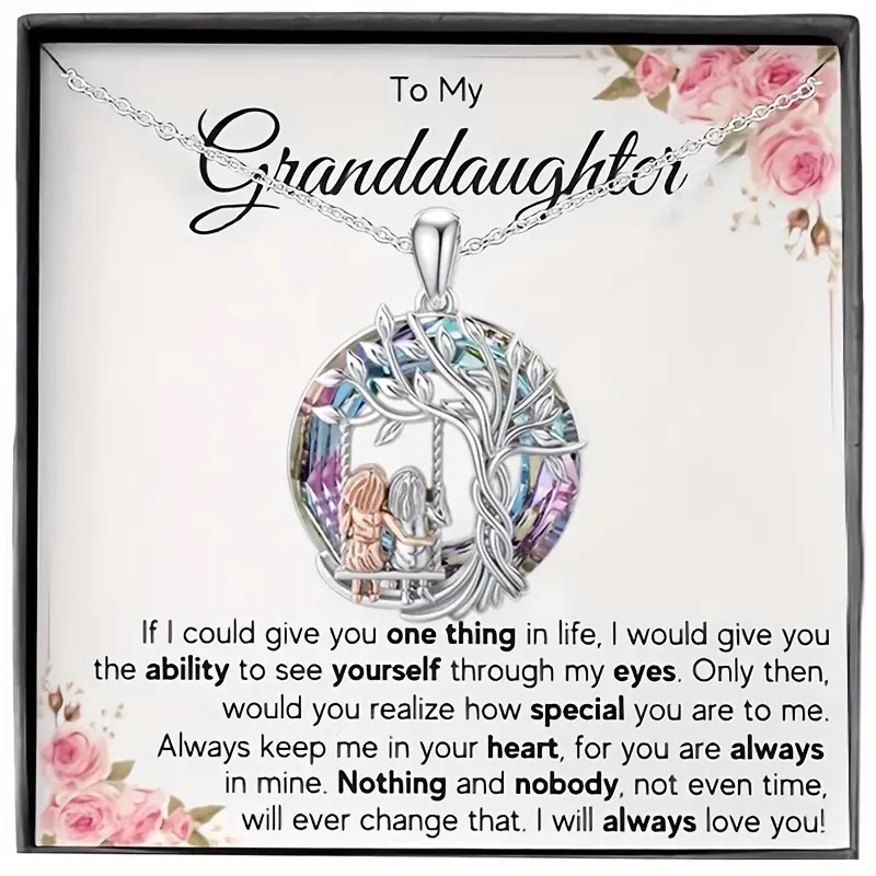 To My Granddaughter, Tree Of Life Sisters On The Swing Pendant Necklace & Card