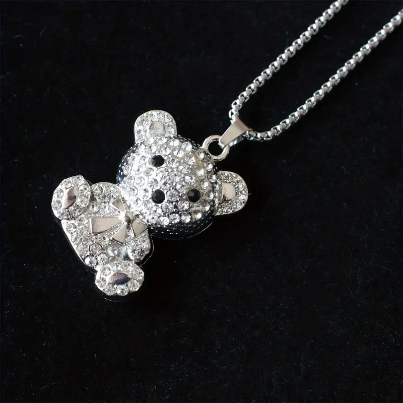 Rhinestone Teddy Bear Pendant Necklace-Sweater Chain For Men And Women