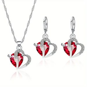 Silver Heart Pendant Necklace Peach Heart Zircon Crystal Clavicle Chain & Earring Set