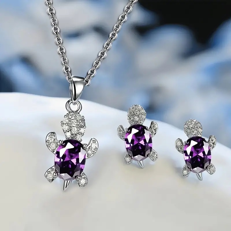 turtle necklace and earrings purple