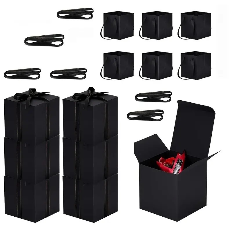 Black Square Gift Box with Tot Bag & Ribbon - Image 3