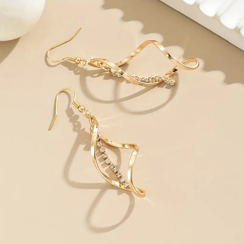 Creative Spiral Design Dangle Earrings Iron 18K Gold Plated Jewelry Rhinestones - Image 2