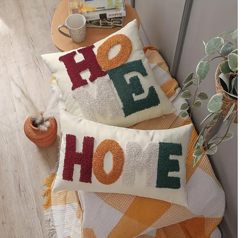burlap embroidered pillow cover