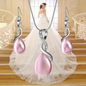 Inlaid Dainty Stone In Waterdrop Shape Drop Earrings + Necklace Set
