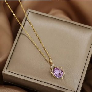 Exquisite Zircon Teardrop Cut Faux Sapphire Golden Necklace