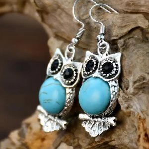 Vintage Retro Blue Artificial Gemstone Bead Decor Owl Design Drop Earrings