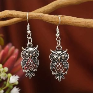 Owl bohemian metal dangle earrings ancient silver