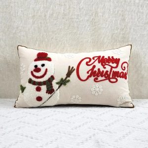 Canvas Christmas Snowman Embroidered Pillow Cover