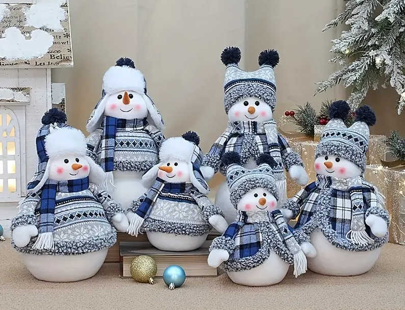 Charming Plaid Fabric Snowman Figurine