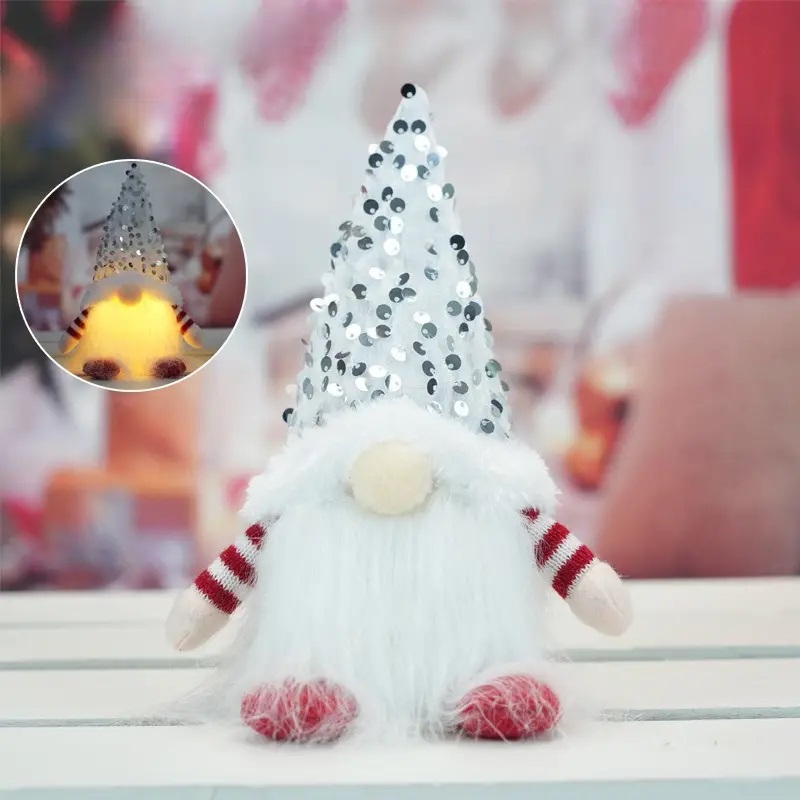 Lighted White Sequined Hat Gnome