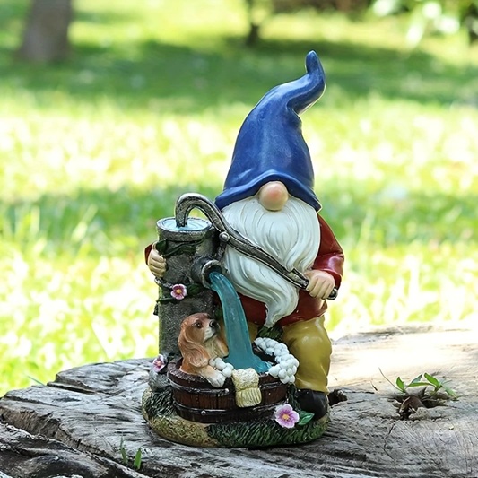 Whimsical Solar Gnome Garden Statue With Well