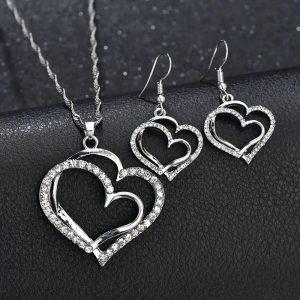Vintage Style Double Hollow Love Heart Jewellery Set with Shiny Zircon Inlay - Necklace, Earrings