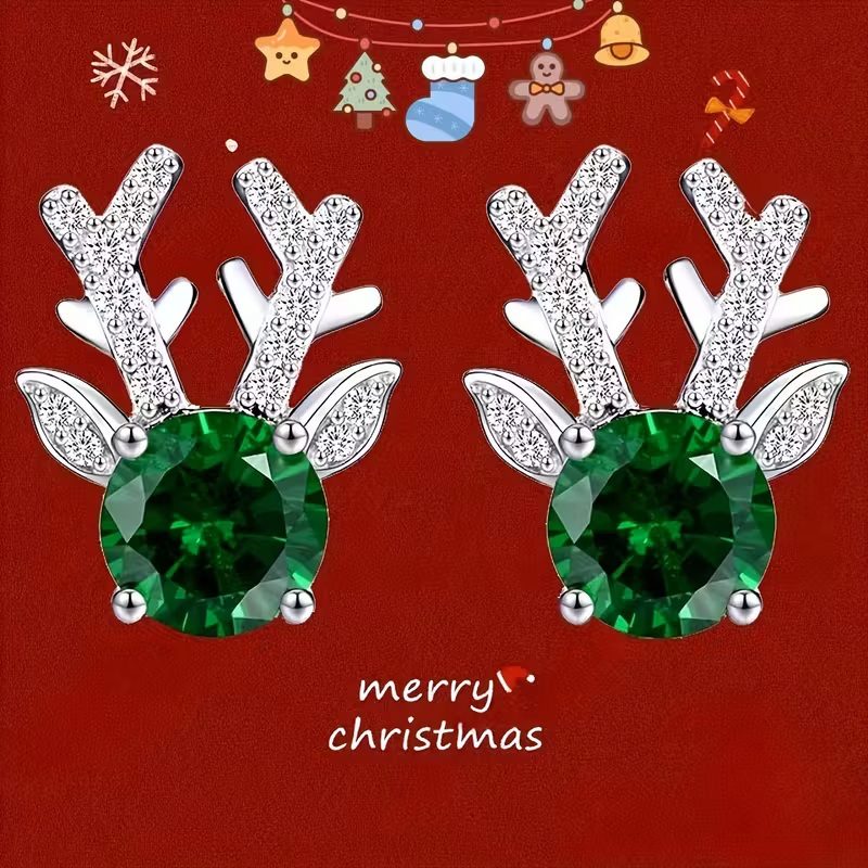 Unique Inlay Green Synthetic Zirconia Deer Horn Earrings - Image 3